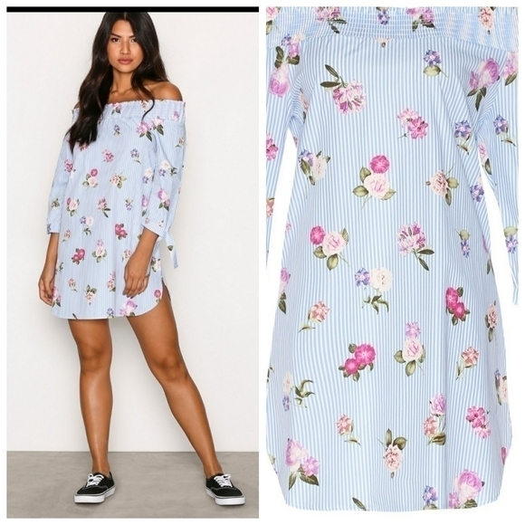 NEW LOOK Poplin Shirred Bardot Dress Size 6 - Picture 1 of 8